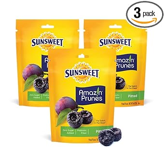 Sunsweet Amazin' Pitted Prunes - Dried Prunes Pitted Unsweetened - Gluten Free, Vegan, Low Fat - Fiber & Minerals - 8 oz Pouches x 3 Pack