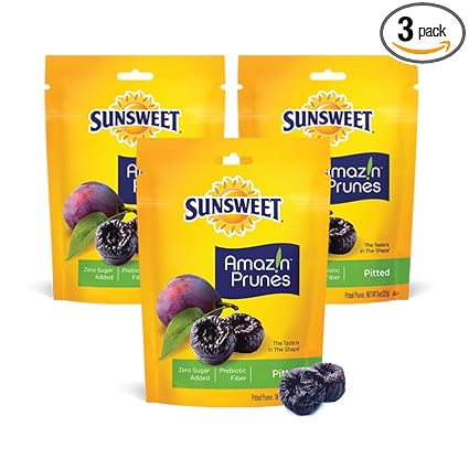 Sunsweet Amazin' Pitted Prunes - Dried Prunes Pitted Unsweetened - Gluten Free, Vegan, Low Fat - Fiber & Minerals - 8 oz Pouches x 3 Pack