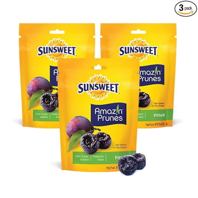 Sunsweet Amazin' Pitted Prunes - Dried Prunes Pitted Unsweetened - Gluten Free, Vegan, Low Fat - Fiber & Minerals - 8 oz Pouches x 3 Pack