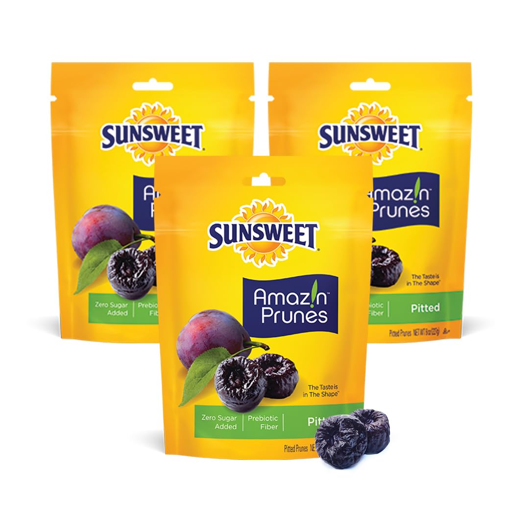 Amazin' Pitted Prunes - Dried Prunes Pitted Unsweetened - Gluten Free, Vegan, Low Fat - Fiber & Minerals - 8 oz Pouches x 3 Pack
