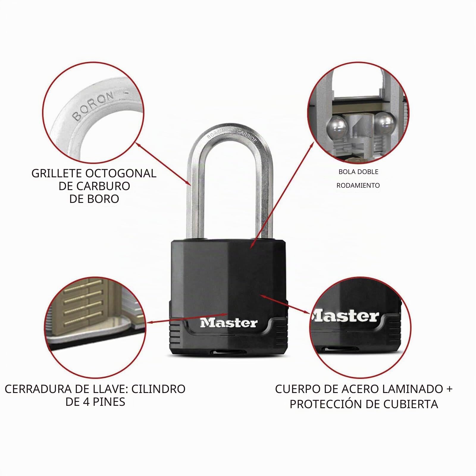 Master Lock M515EURDLH Candado Seguridad Llaves Acero Laminado y Antióxido Exterior, Arco Largo + Estanco + Contra la corrosión, Adecuado para Portales, Garages, Sótanos