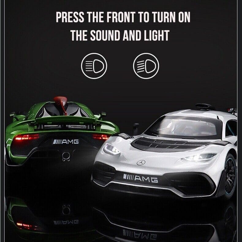 Image of 1:24 AMG ONE Diecast Metal Car Pull Back Alloy Model Toy with Openable Doors Lights & Sound Realistic Collectible Supercar Gift for Kids Boys & Car Enthusiasts (Red)