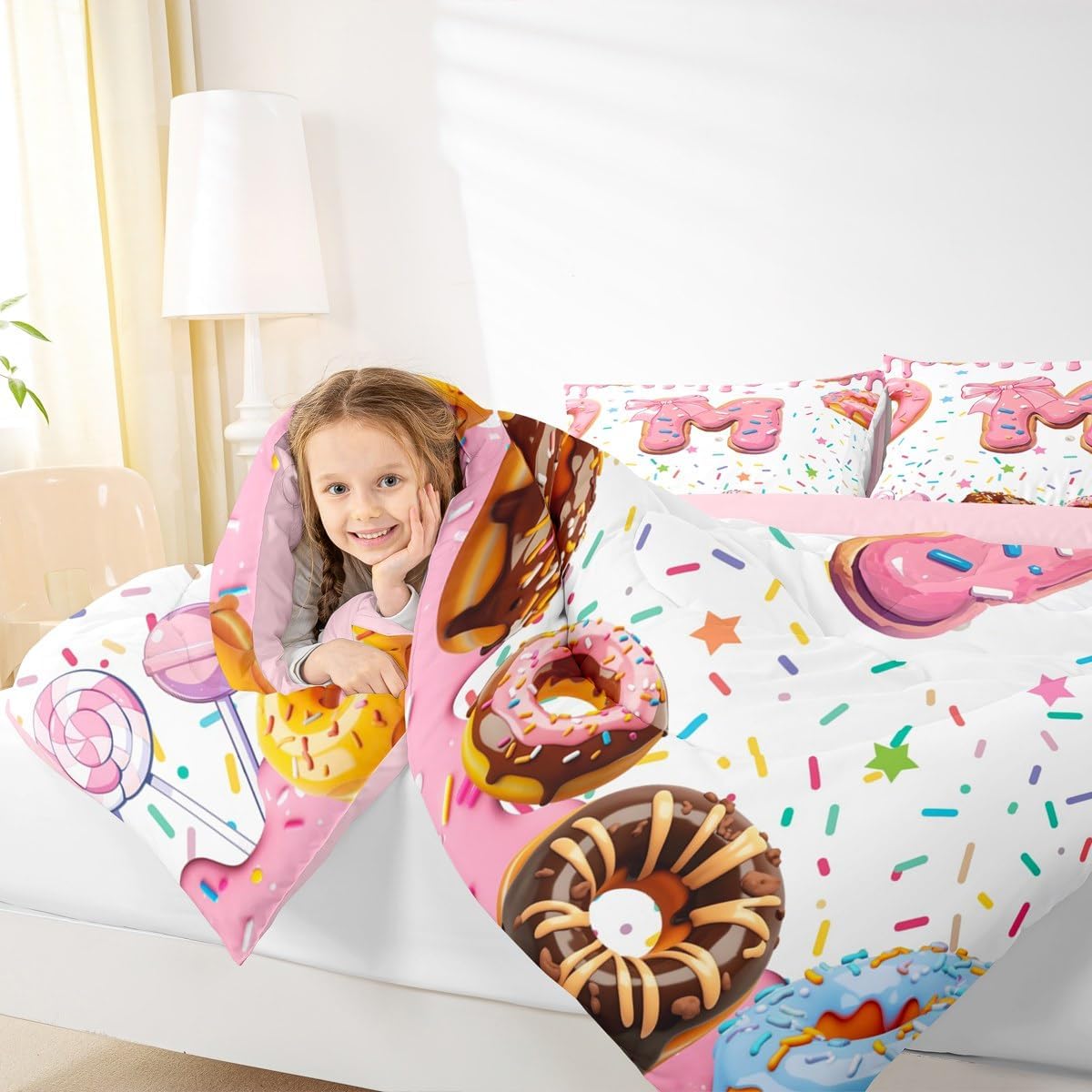 Erosebridal Kawaii Bow Kids Bedding Set Queen Size,Girly Coquette Donut Comforter Set,Personalized Letter M Ultra Soft Quilt,Pink Bowknot Princess Comforter Initial M Monogrammed Bedroom Decor