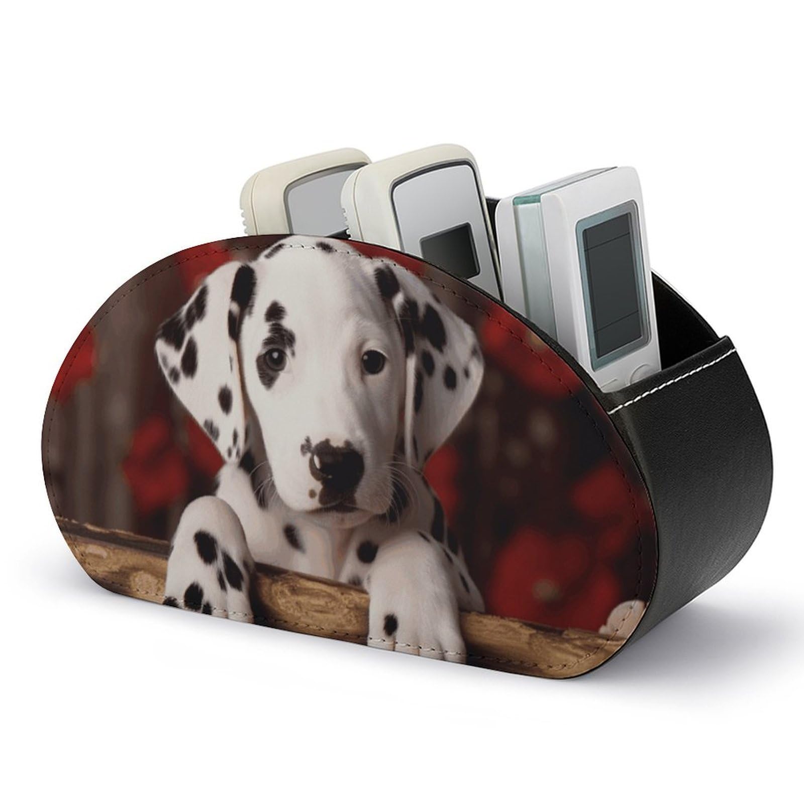 VstaDank Dalmatian Puppy Remote Control Holder with 5 Compartments PU Leather Remote Caddy Desktop Organizer Store TV Remote Control Storage Box for Home Office Desk Nightstand