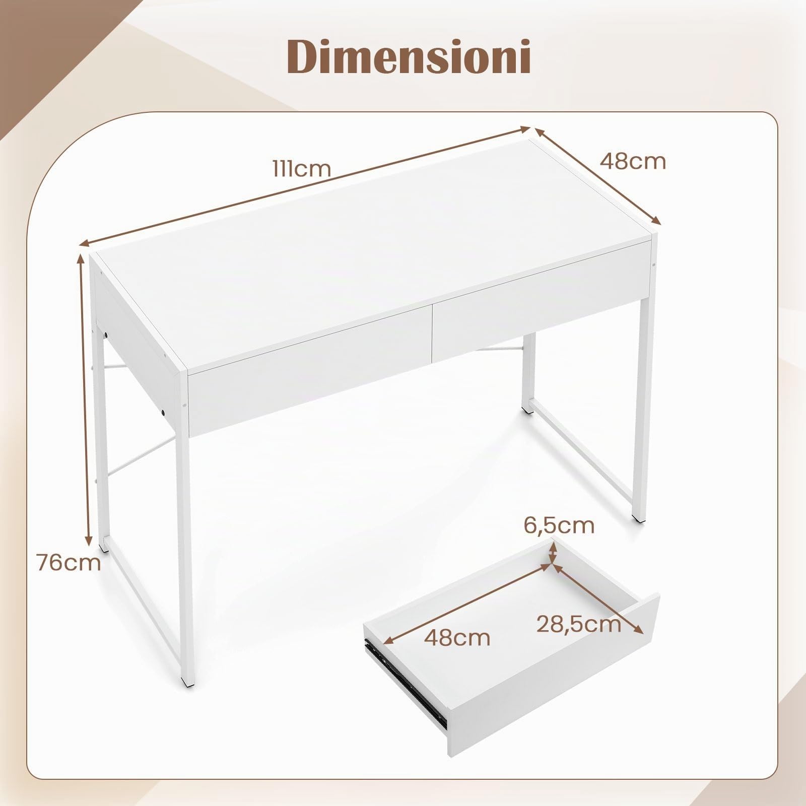 COSTWAY Scrivania per Computer con 2 Cassetti, Scrivania Porta PC con Telaio in Metallo e Legno, Posizione da Lavoro per Studio e Ufficio, Portata 100 kg, 112 x 48 x 76 cm (Bianco)