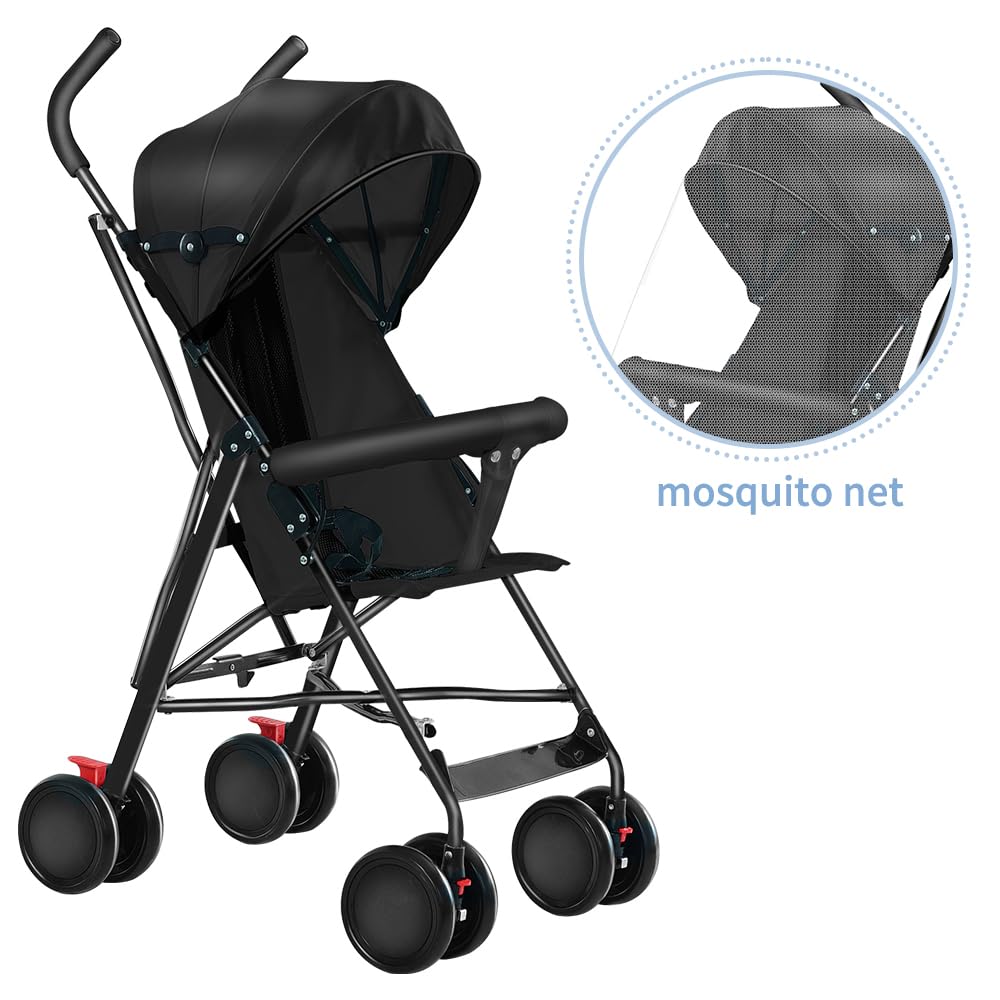 Cochecito de caña compacta Ingenious,Cochecito de caña de bebé de 0 a 4 años, cochecito compacto y ligero viaje, cochecito de 4 ruedas, capota en tres partes, con mosquitera- negro