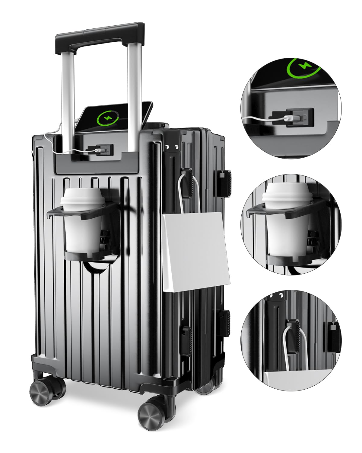 [Fieldoro] スーツケース キャリーケース 機内持込 軽量 静音 多機能 ダブルキャスター 360度自由回転 耐衝撃 S/M/Lサイズ キャリーバッグ ローク搭載 ファスナー式 カップホルダー付き USBポート付き TSAロック 側面に物掛けフックあり 収納力アップ 使用便利 旅行 ビジネス 出張用