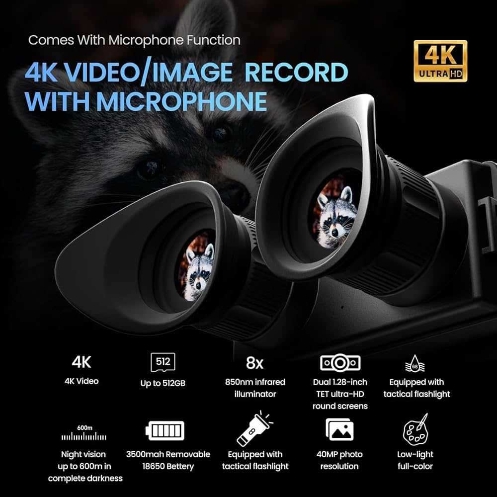 Soporte para casco 4K, visión nocturna, infrarrojo, zoom 8X, grabación de video 4K, visibilidad de 1800 pies, gafas de visión nocturna, prismáticos de caza para adultos con luz táctica, manos libres,