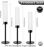 Vista 4 de Portavelas color negro, juego de 6 portavelas cónicos de cristal, soportes de metal para velas a granel con cubierta de vidrio acanalado para mesas