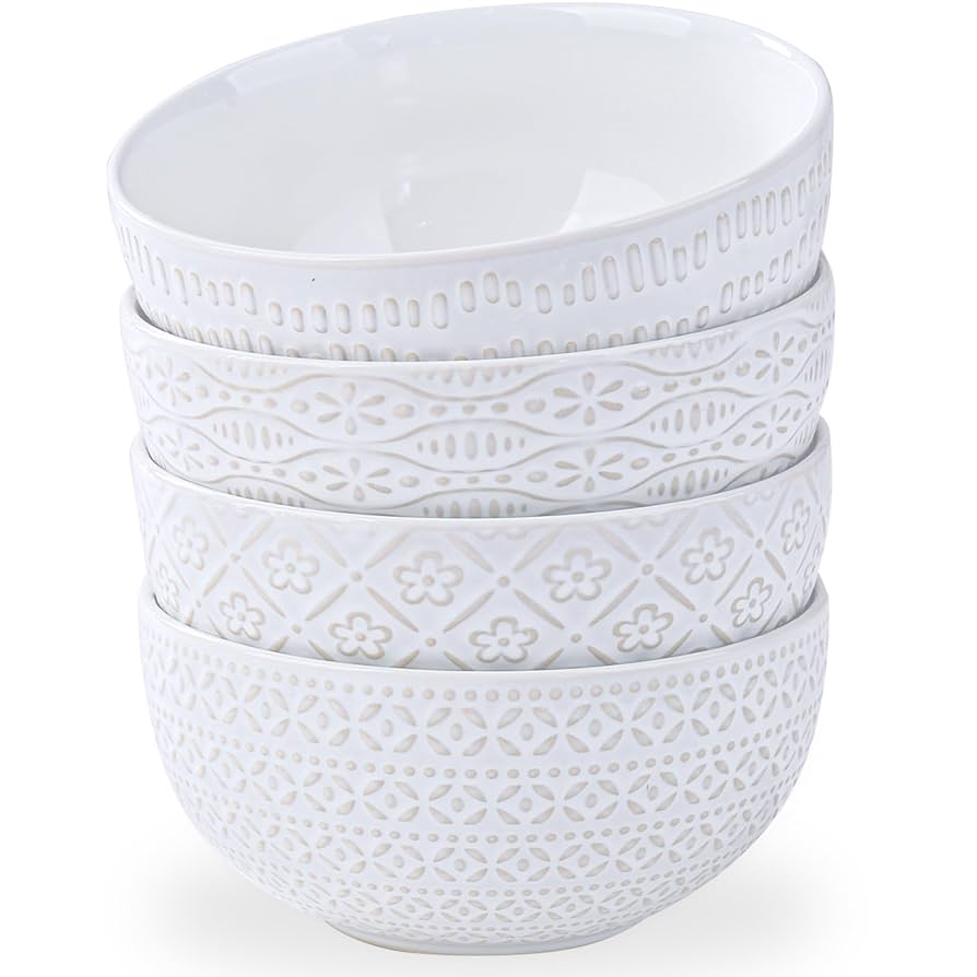 40 OZ Large Cereal Bowls Set of 4, Farmhouse Embossment Ceramic Salad Bowls for Soup, Serving, Fruit, Snack, Noodle, Ramen, Pho, Microwave & Dishwasher Safe, 6.7 Inch White