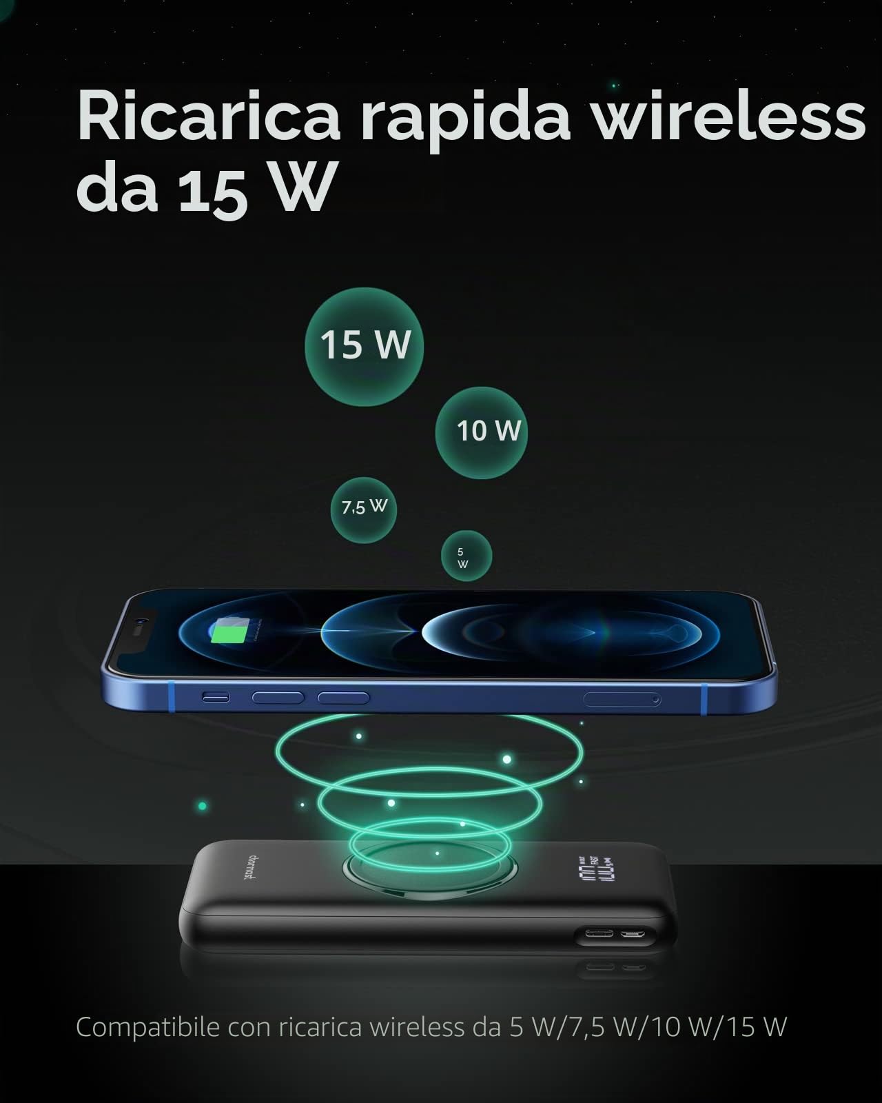 Charmast Power Bank, Powerbank wireless da 20000 mAh, ricarica induttiva, 22,5 W PD/QC 3.0, batteria esterna per cellulare con display a LED, compatibile con iPhone 17, 16, 15, 14, 13, 12 Pro Max