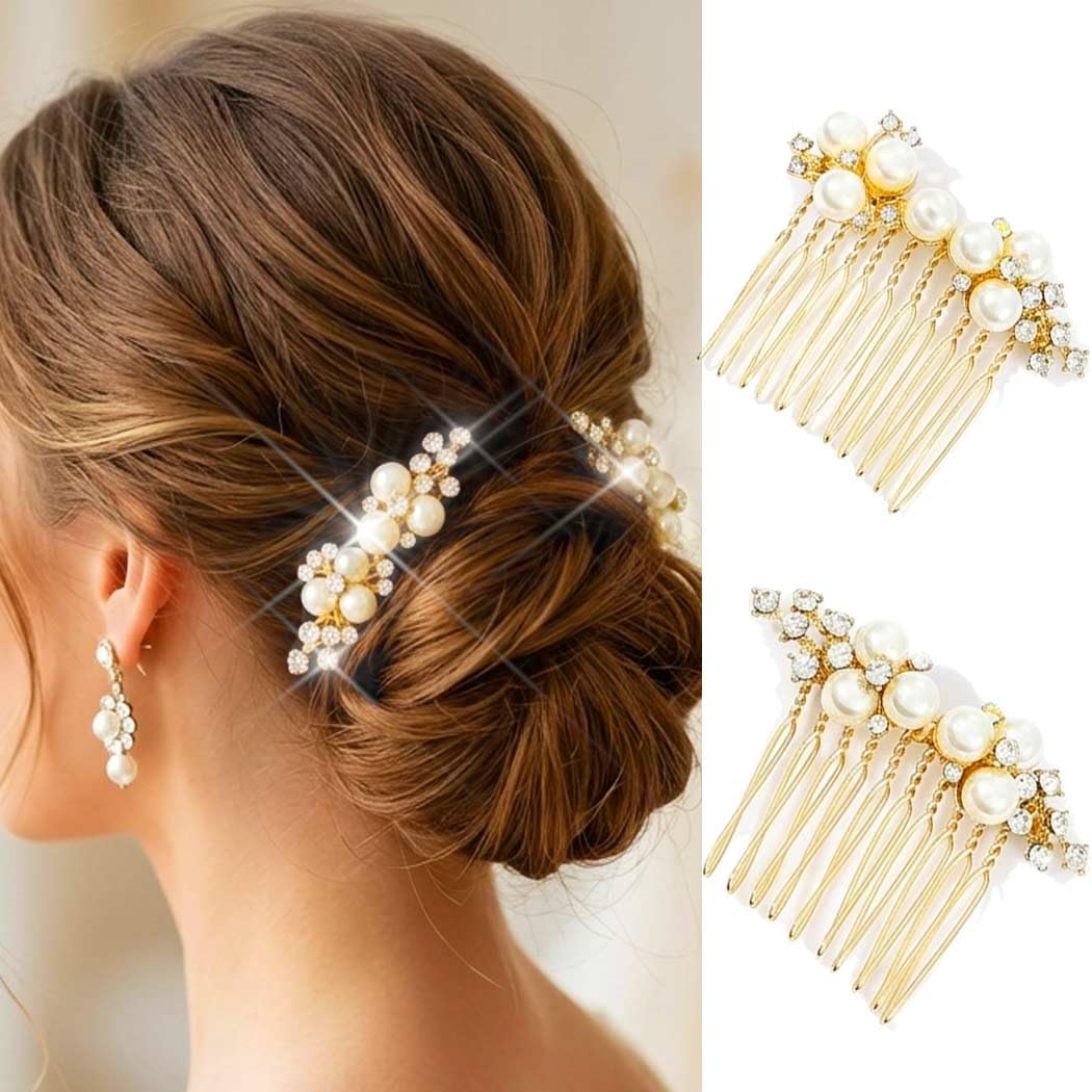 Amazon.com : Brishow Bridal Pearl Hair Combs Gold Wedding  display picture 1