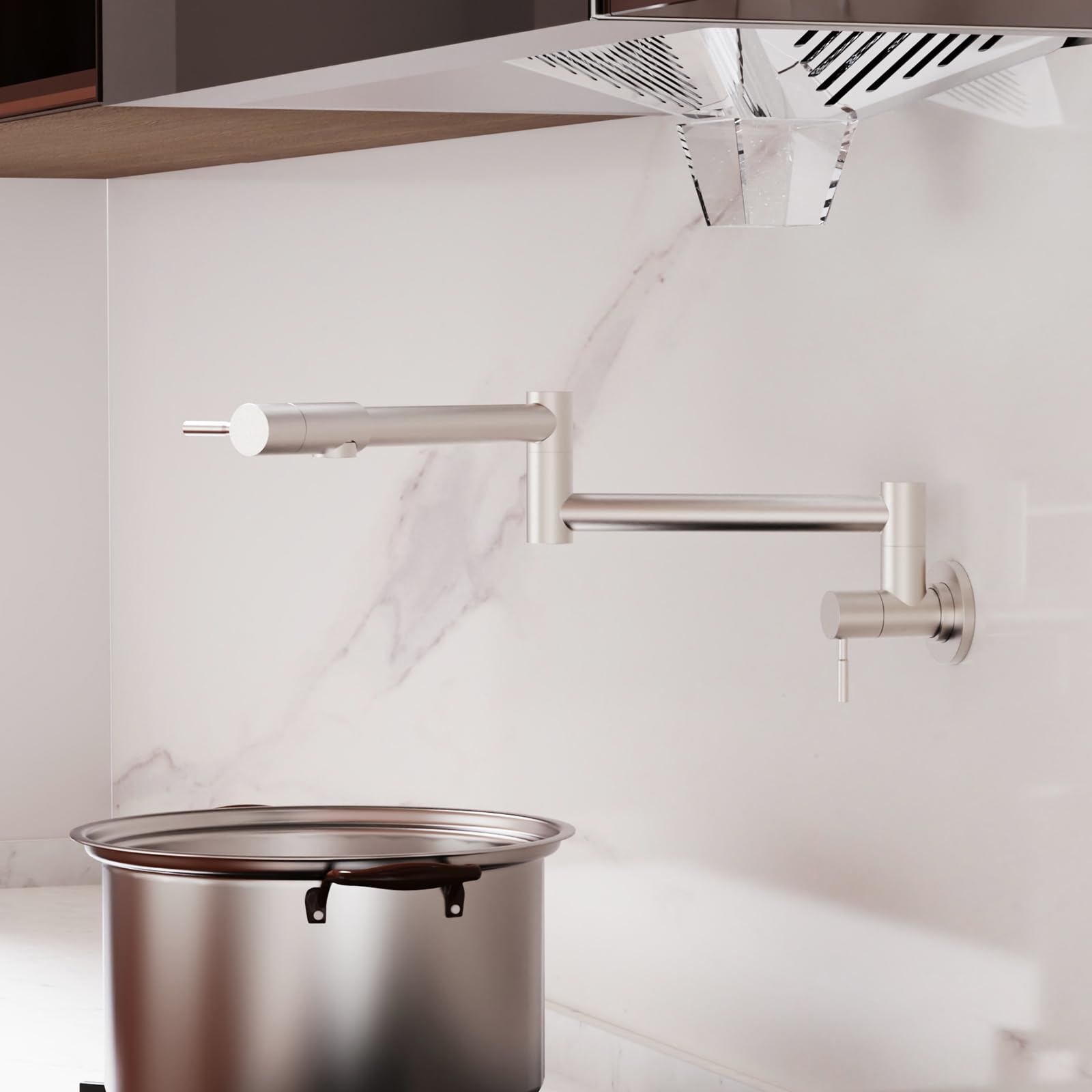 Besdor Grifo de llenado de ollas, de acero inoxidable, níquel cepillado, montaje en pared con brazos oscilantes de doble junta, grifo de cocina plegable de un solo agujero, dos asas, acero inoxidable