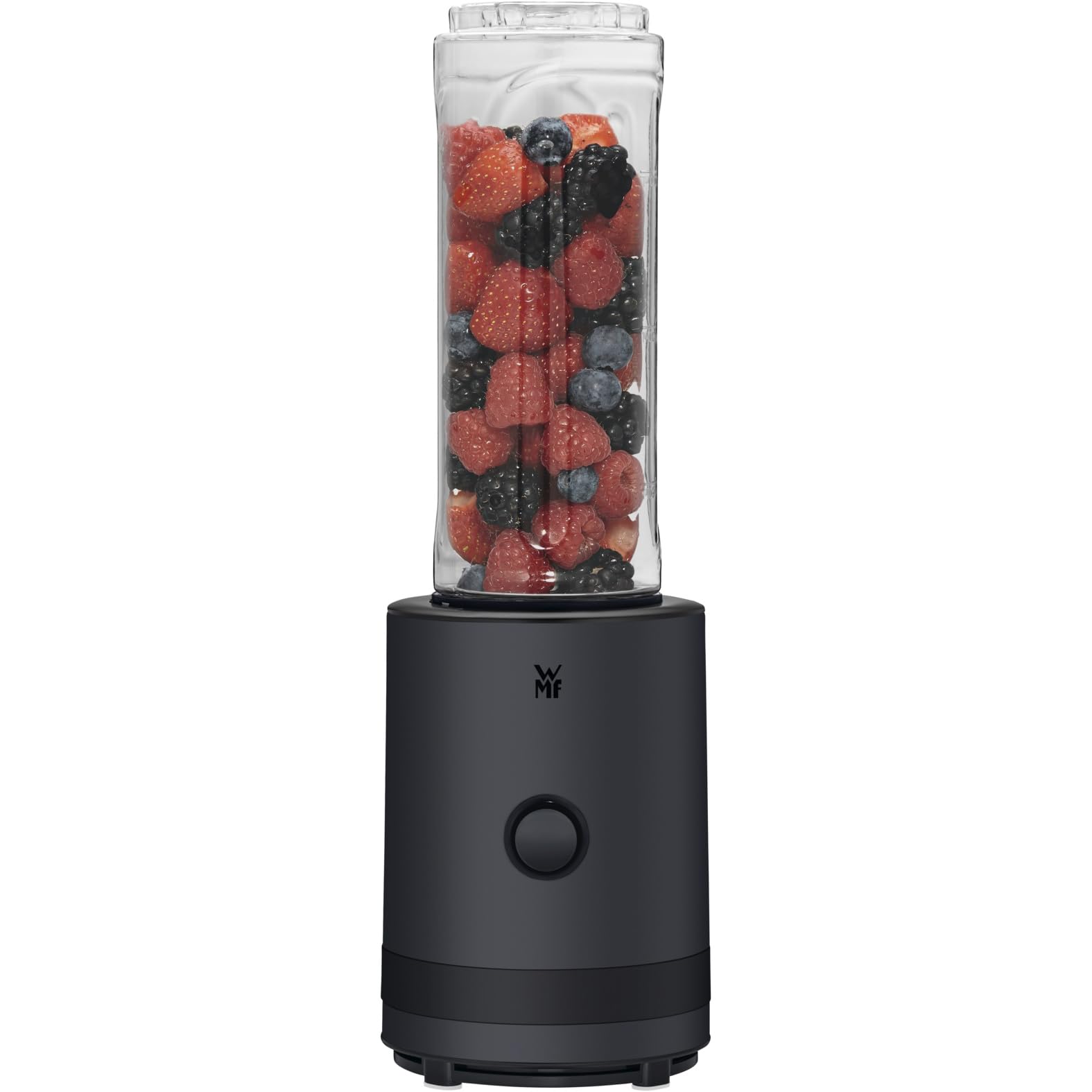 WMF Kitchennminis Smoothie-to-go - Mini batidora de pie con dos recipientes de 0,6 l, batidora de alto rendimiento de 300 W, acero inoxidable mate, color negro