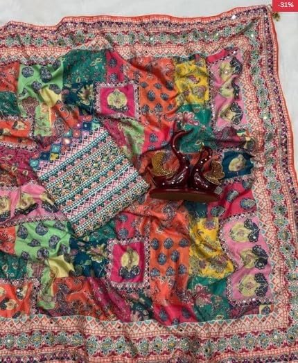 Image of Women's Chinon Silk Saree with Printed Design, Mirror Work & Zari Woven Detailing | Ethnic Wear Saree with Unstitched Blouse Piece | Traditional Festive & WeddingWear
