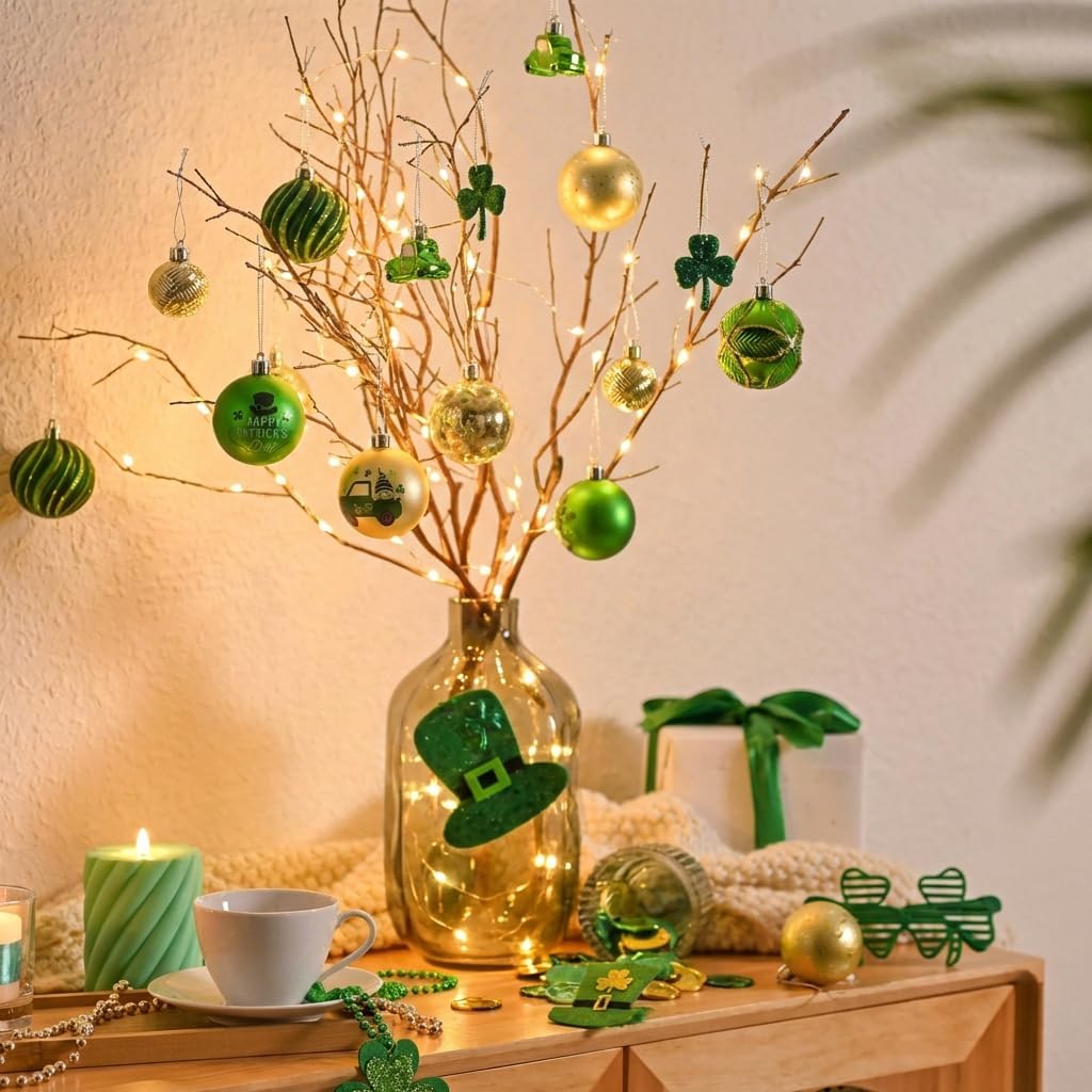 DecorbyHannah St Patricks Day Decorations Shamrock Irish Tree Ornaments Set, 21ct Large Green Gold St. Patrick's Day Shatterproof Good Luck Clover Hanging Ball Ornaments for Christmas Party Spring