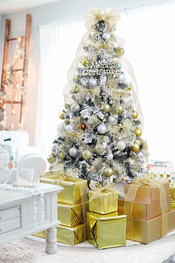 Miniatura 5 de HUIHUANG Cinta de malla con alambre con purpurina dorada, cinta metálica con borde de alambre brillante para envolver regalos, coronas, decoración