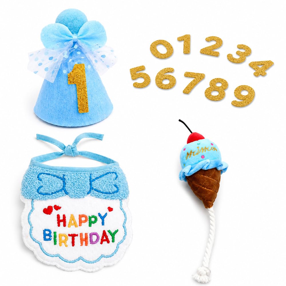 Blue Pet Birthday Set with Number Crown for Puppies and Kittens