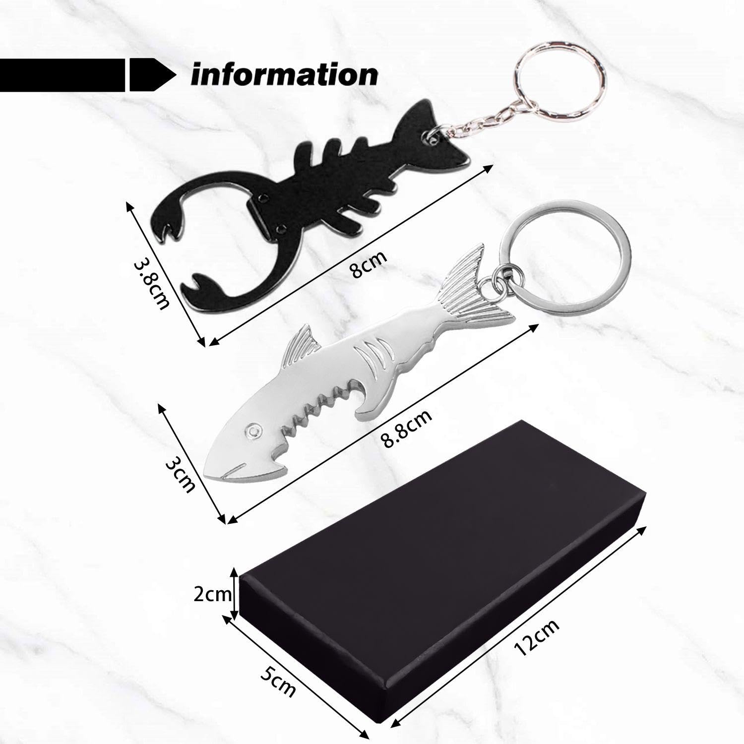 2 Piece Keychain Set including Bottle Opener - Shark and Fish Animal Design in Gift Box - Image 2