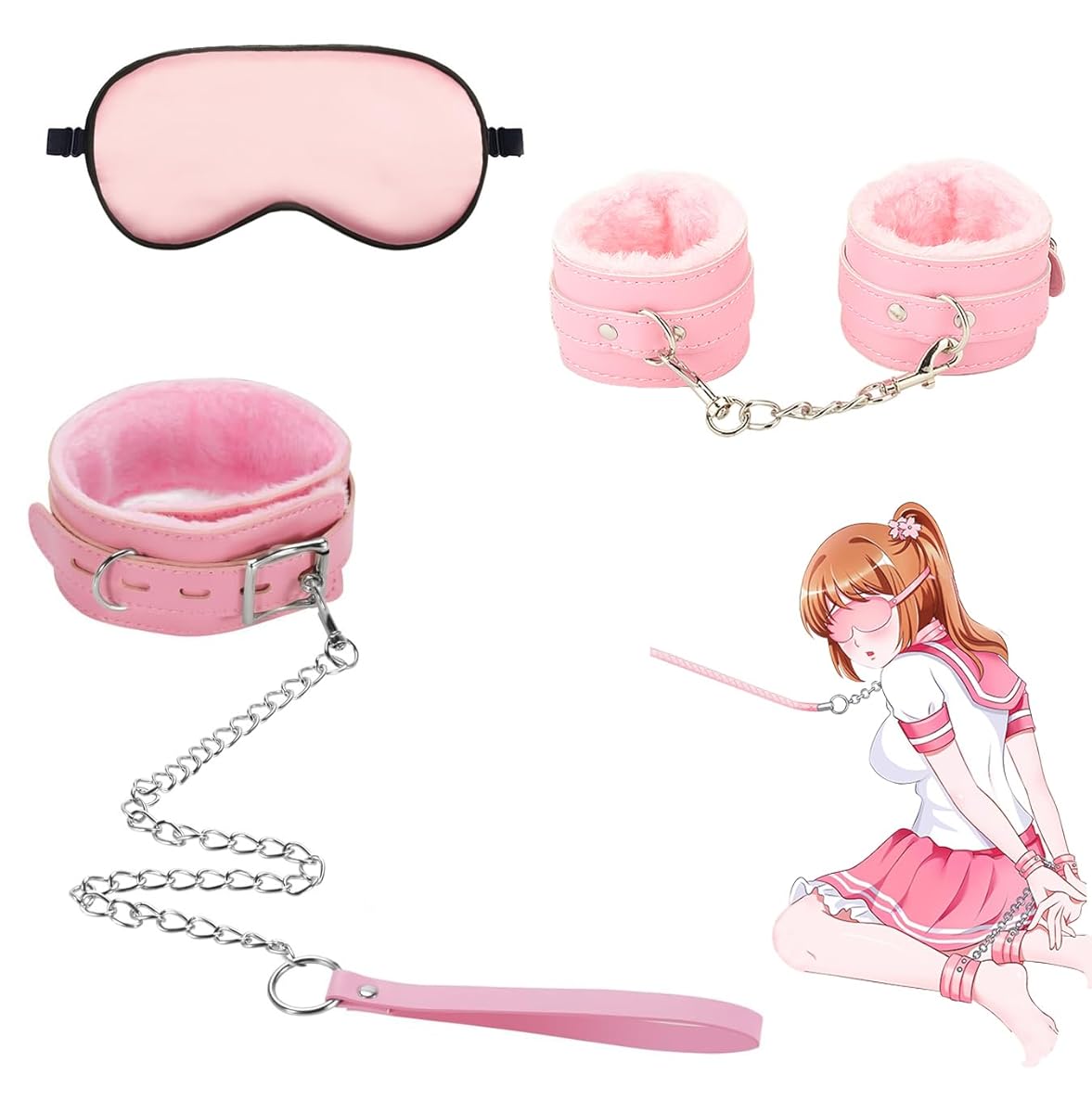 Chisafly SMグッズ 首輪 リード付き SMセット 拘束具 SMプレイ ふわふわ 痛くない 調節可能 マンネリ解消 簡単拘束 男女兼用 3点セット（ピンク）