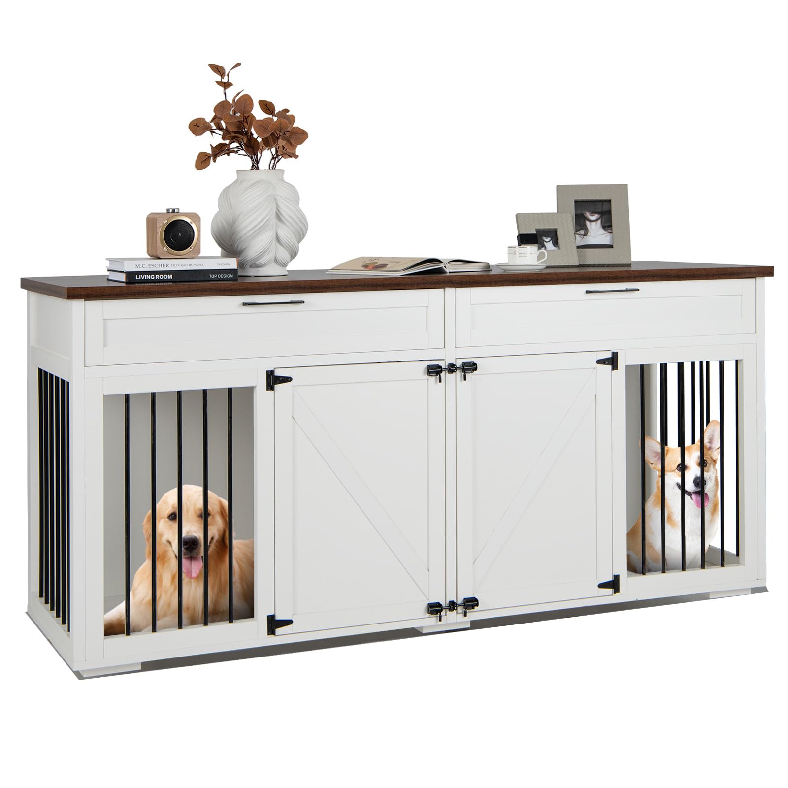COSTWAY Muebles Jaula Doble para Perros, Caseta para Perros de Madera con Separador de Ambientes, Cajones, Puertas Dobles, Mesa Auxiliar para TV, 183 x 58 x 86 cm (Blanco)