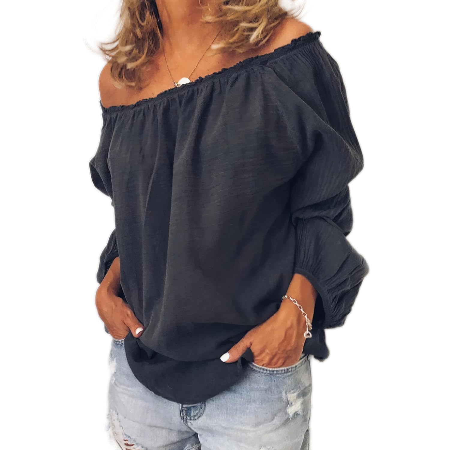 Off The Shoulder Shirts for Women Solid Long Lantern Sleeve Elastic Cuffs Flowy Cotton Linen Blouses