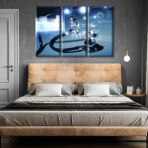 Image of Medical Instrument Wall Art 3 Panels Medical Stethoscope and Infographic Paintings for Wall Decorations Wall Pictures Posters Giclee Wooden Framed Gallery-Wrapped Ready to Hang (42 inch Wx28 H)