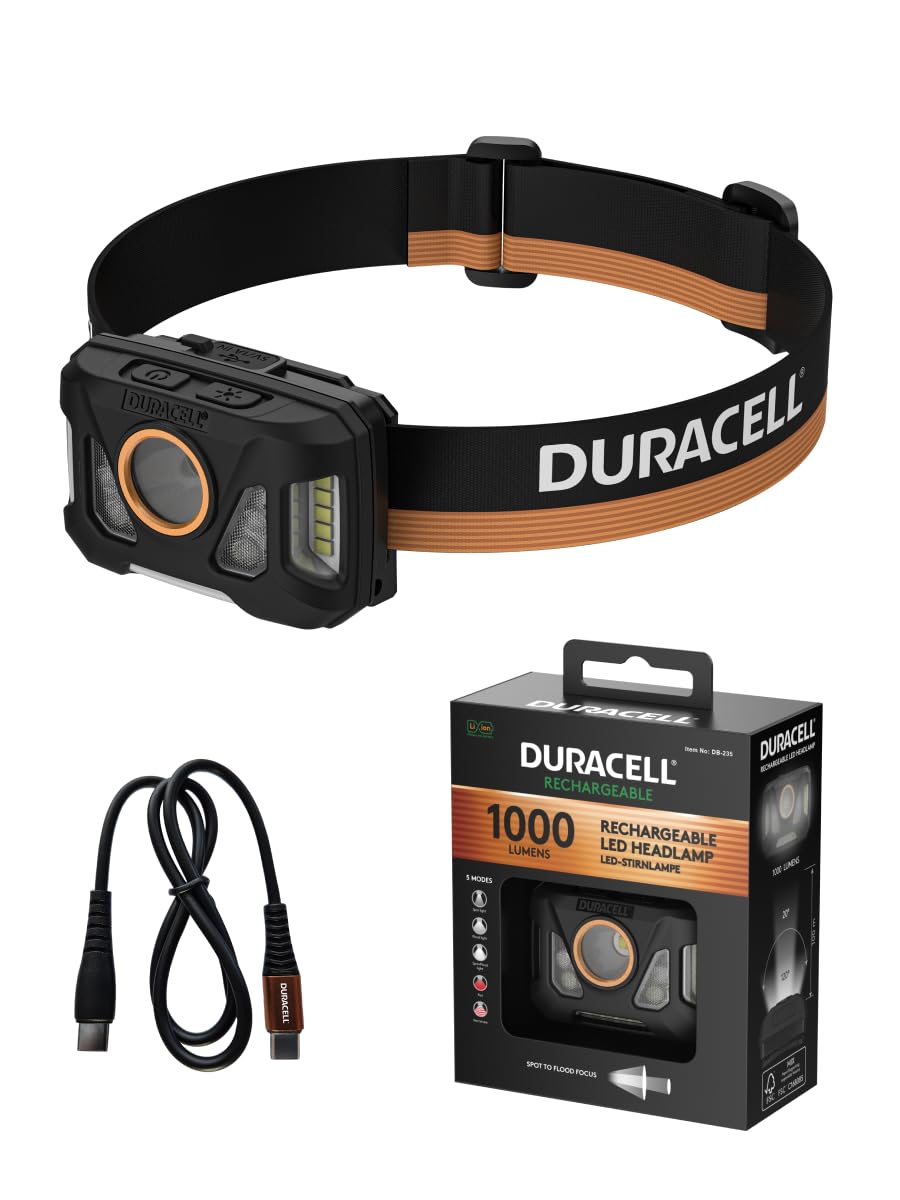 Duracell DH1000R Core lampa czołowa LED, 1000 lumenów, ogniskowana, zasięg oświetlenia 50 m, funkcja czerwonego światła, możliwość ładowania USB-C, bateria litowa, różne tryby oświetlenia