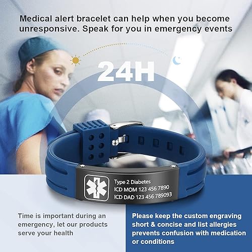 Miniatura 3 de Pulseras médicas personalizadas de silicona ajustable para identificación de emergencias, grabado gratuito, 9 pulgadas, resistente al agua, pulseras