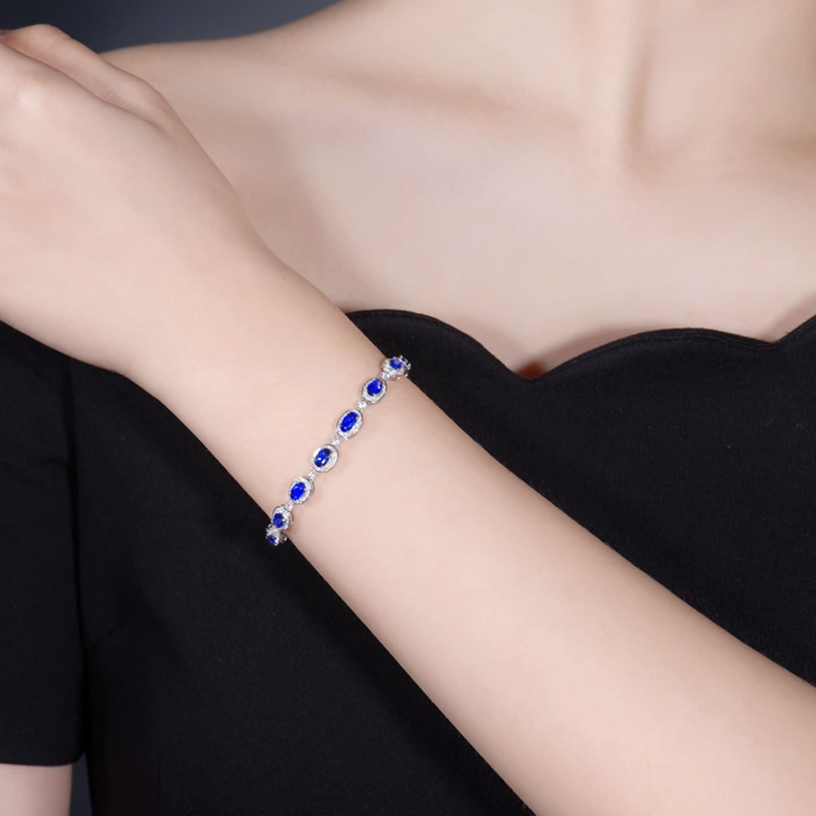 Pulsera de Oro Blanco Mujer 9 Kilates / 14 Kilates / 18 Kilates, Oval con Zafiro Creado de 4,3 ct y Diamante, Cadena Extensible 16 CM + 5 CM, Pulsera Plata Azul Verde Mujer Ajustable