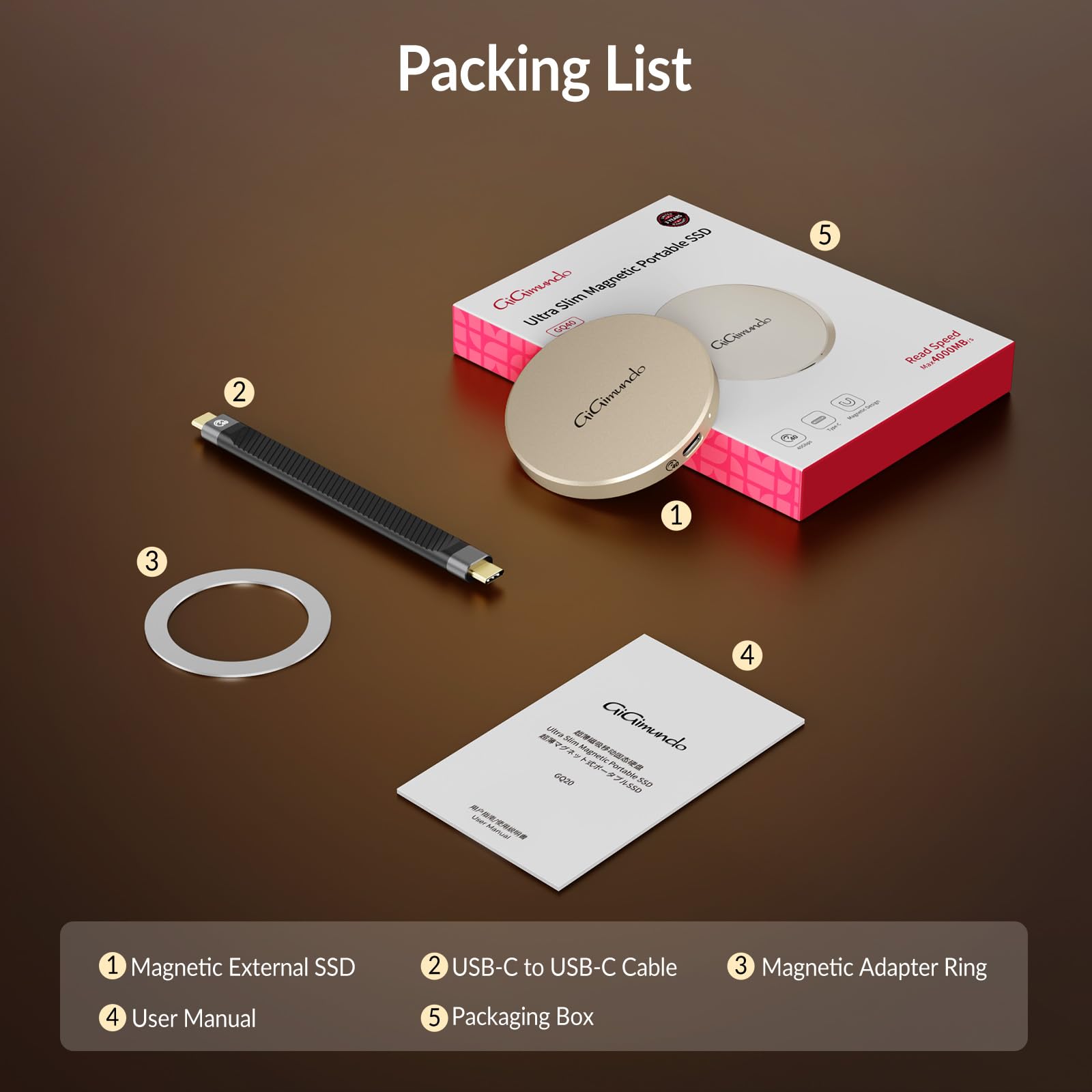 GiGimundo GQ40 Ultra-Slim Magnetic Portable SSD 2 TB – maks. 40 Gbps High-Speed, kompaktowy, stylowy zewnętrzny napęd USB-C do systemu Windows, Mac, Android – okrągła konstrukcja, szybkie przesyłanie