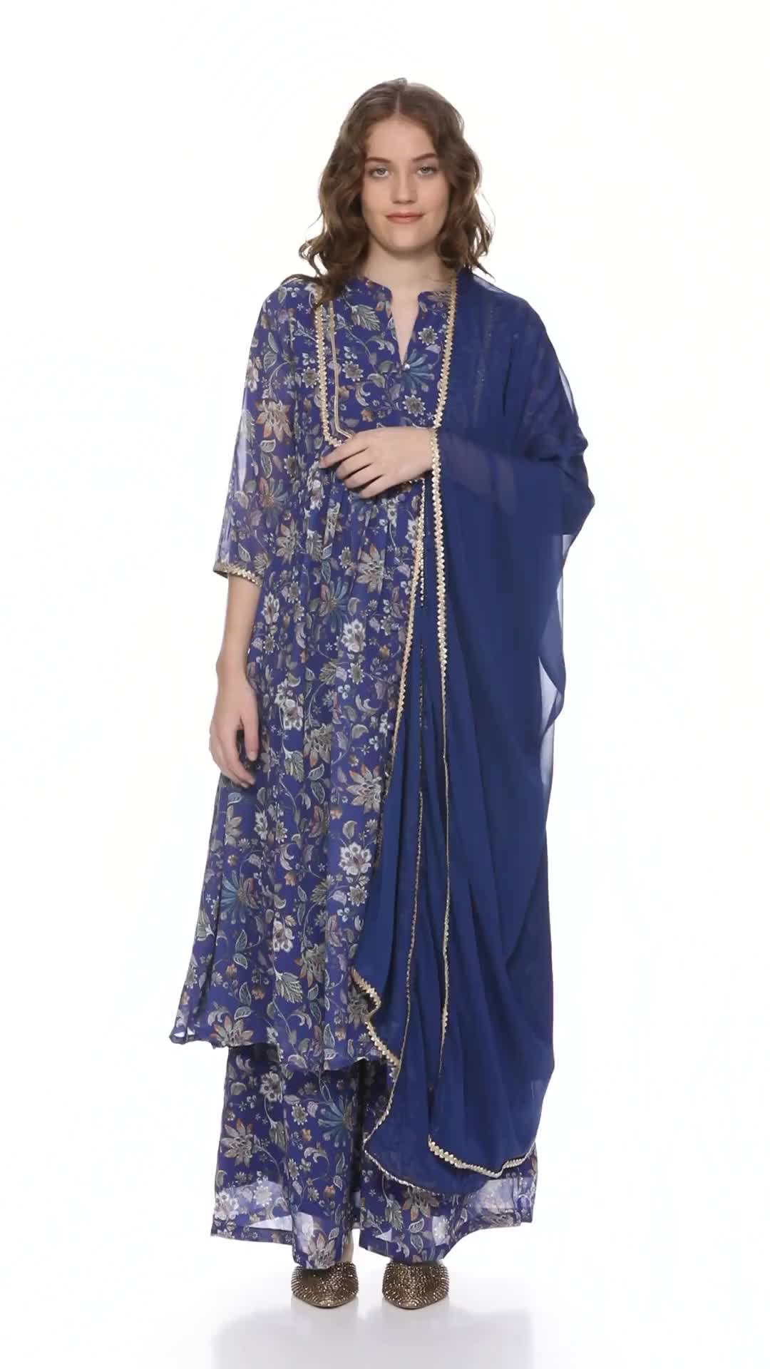 Buy Janasya Women's Dark Blue Georgette Digital Floral Printed