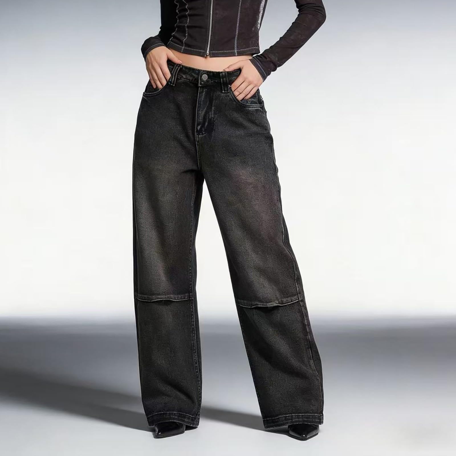 Jeans Donna Vita Alta Elasticizzati Jeans Baggy Casual Leggeri Pantaloni Elasticizzati Curvy Gamba Larga con Tasche Pantaloni Denim Vita Alta Larghi Comodi Palazzo Streetwear Taglie Forti Moda Hiphop