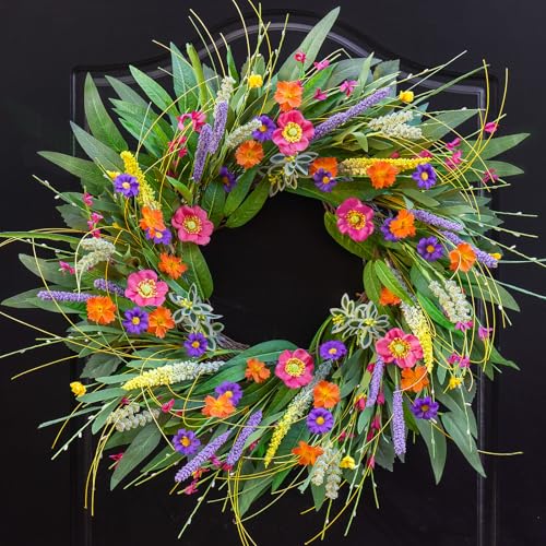 Spring Wreaths for Front Door 24 Inch - Outdoor Spring Summer Wreath with Wildflower and Green Leaves Front Door Wreath for Farmhouse Home Porch Wall Decor
