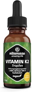 Vitamin K2 Tropfen hochdosiert & vegan 200 mcg Vitamin K2 flüssig pro Tagesdosis, 50 ml (1700 Tropfen), MK-7 Menaquinon (> 99% All-Trans-Form), ohne unnötige Zusatzstoffe, Made in Germany