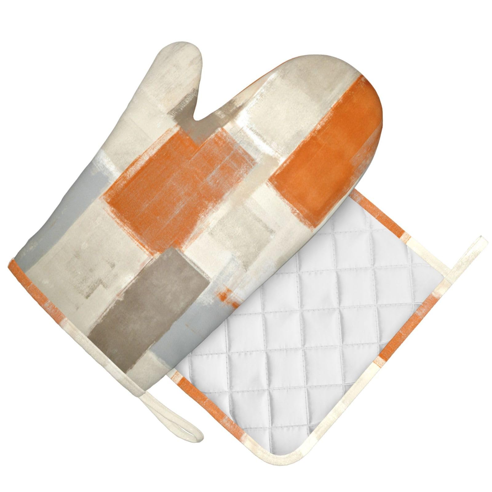 Juego de 2 manoplas de horno y soportes para ollas de pintura abstracta beige y naranja, resistentes al calor, guantes antideslizantes, decoración de cocina para barbacoa, cocinar, asar a la parrilla, 3
