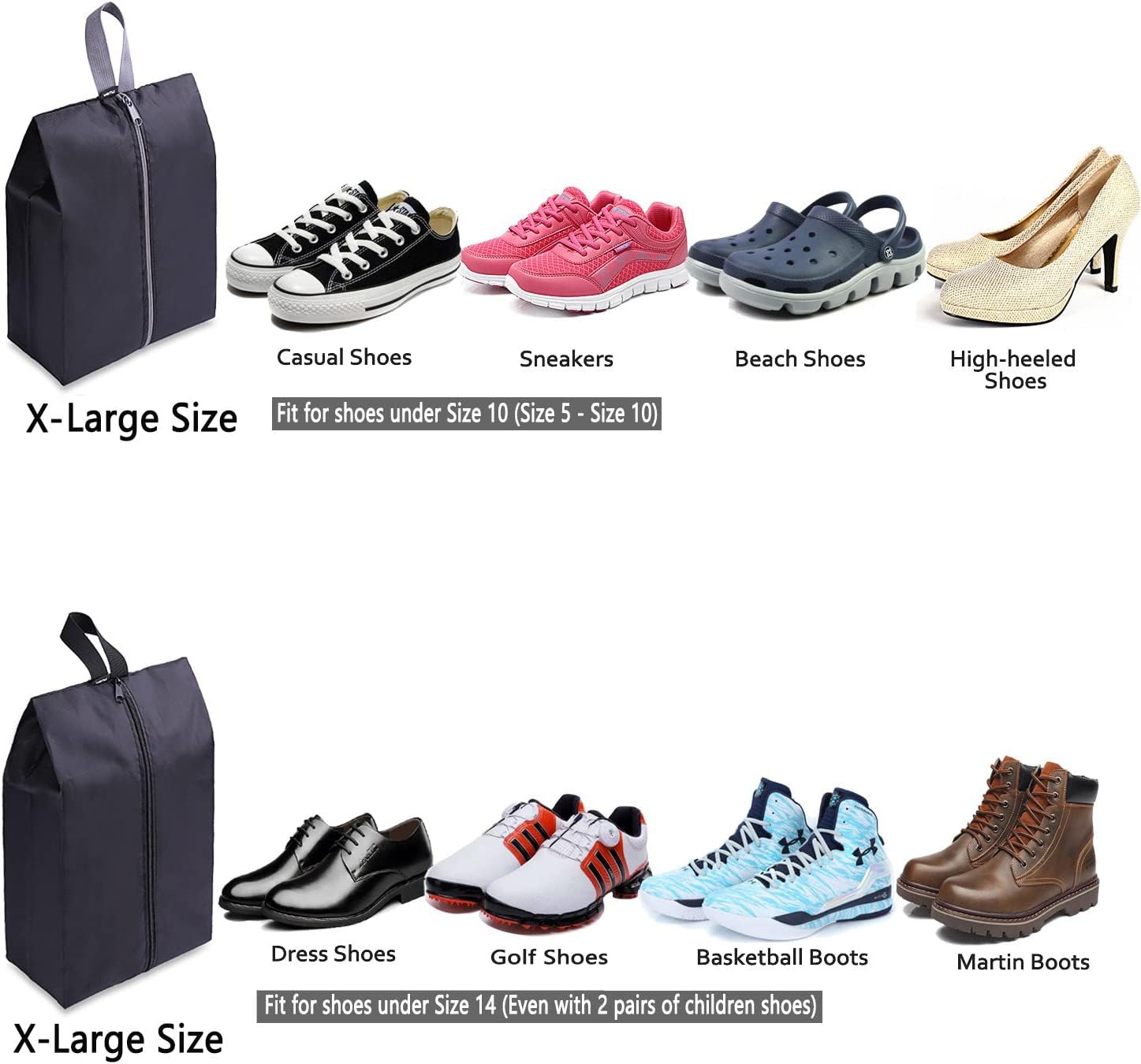 YAMIU Travel - Juego de 2 Bolsas Impermeables de Nailon con Cremallera para Zapatos para Hombre y Mujer (Negro)