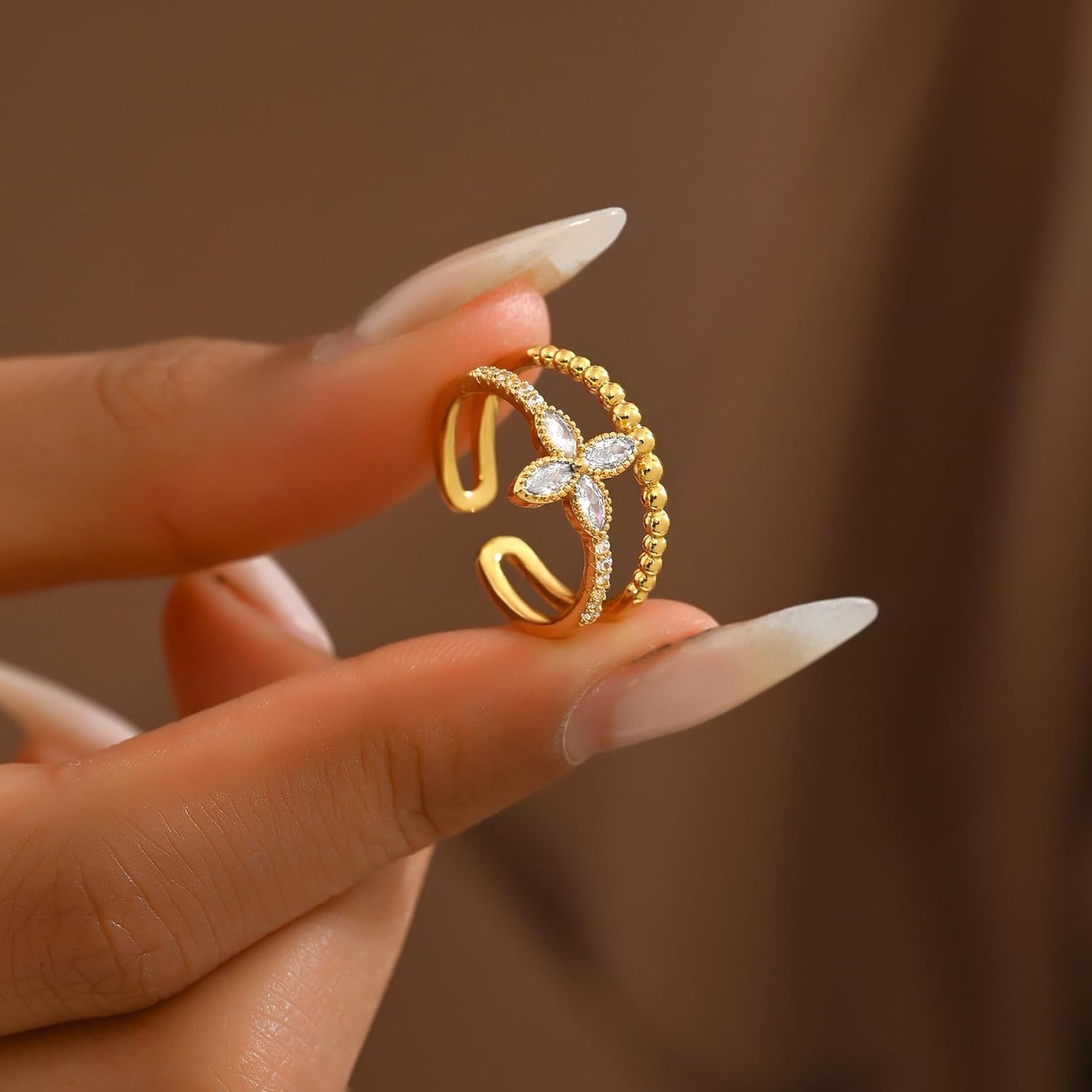 Open Stackable Rings for Women 18K Gold Plated Dainty Cubic Zirconia Wave Cuban Link Chain Flower Feather Hollow Out Adjustable Stacking Rings Wedding Jewelry Gifts - Image 3