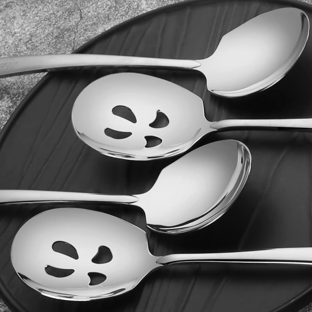 Juego de cucharas grandes de acero inoxidable de 9.14 pulgadas, 2 cucharas ranuradas para servir, 2 utensilios grandes para bufé, catering, apto para lavavajillas (juego de 4, plateado)