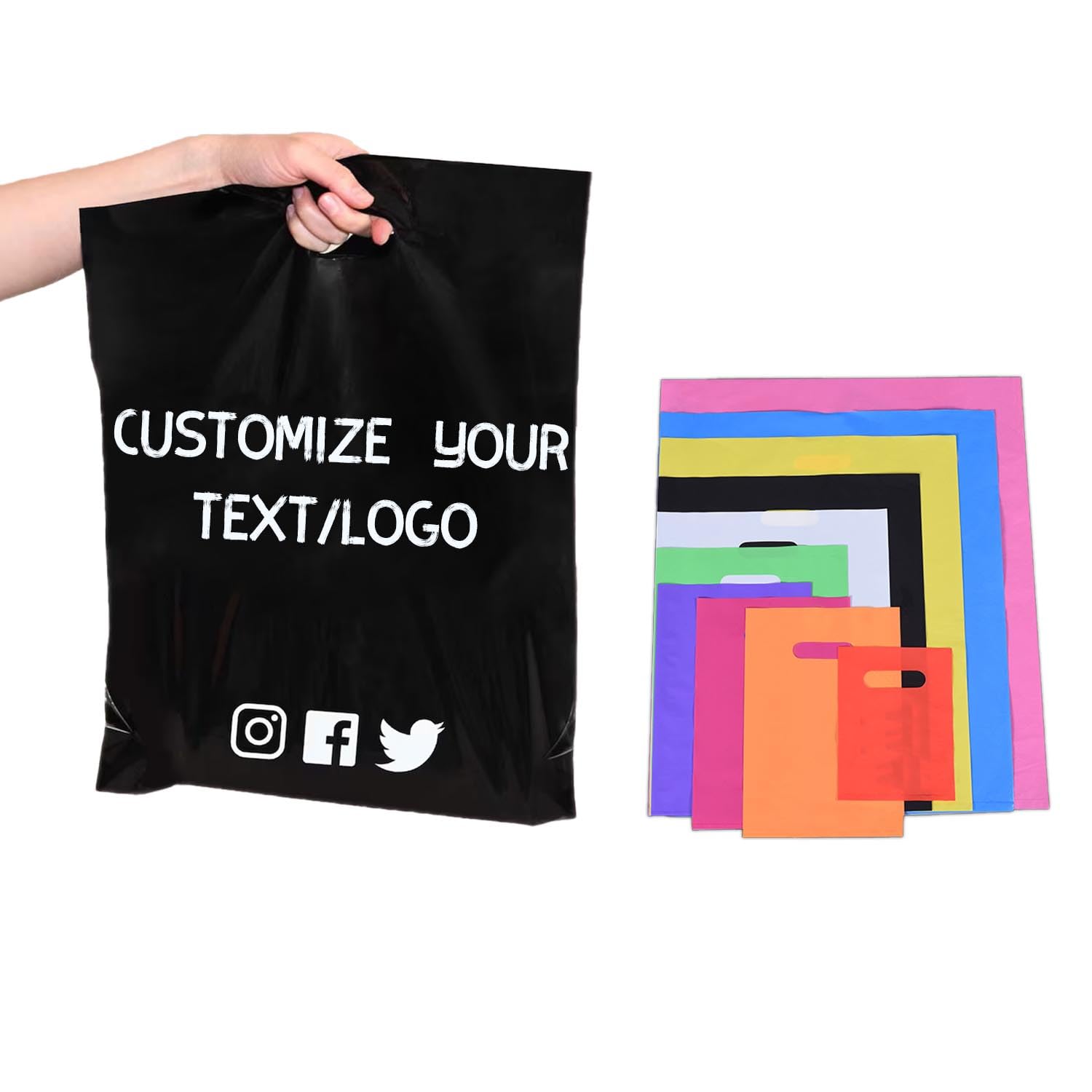 Custom Plastic Shopping Bags, Personalized Reusable Gift Bags for Small Business, Multicolor Bulk Boutique Bags