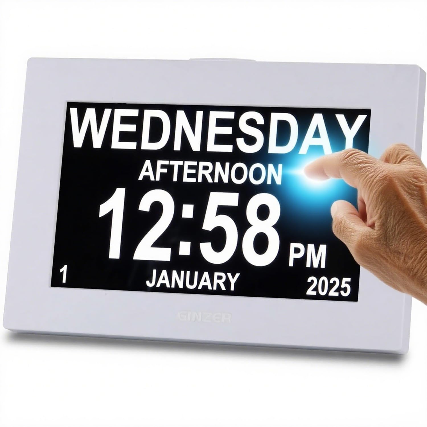 Touchscreen Demenz Wecker Design 2025 Neu, Digitaluhr 8 Zoll Großes Display Sprechende Kalenderuhr, mit Datum und Tag für ältere Alzheimer mit HD Digital Bilderrahmen