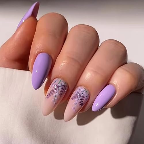 Purple Press on Nails Almond Medium Fake Nails with Flower