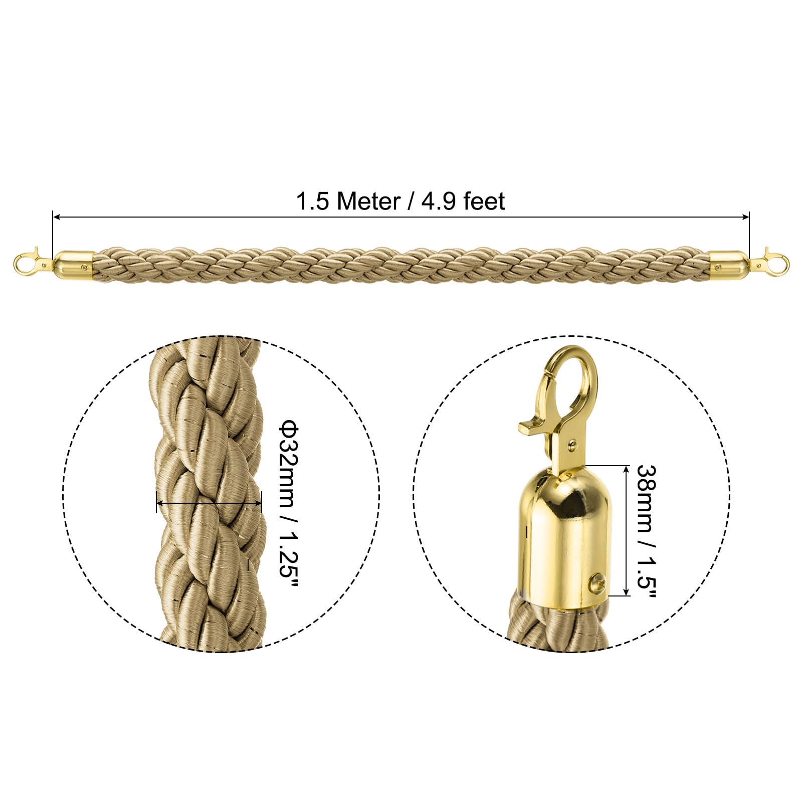 PATIKIL Puntal Cuerda, 2 Paquete 1,5 m/5 Pies Barrera Cuerda Poste Retorcido Cuerdas con A Presión Gancho para Poste Soporte Cola Divisor, Dorado Gancho, Champán Oro Cuerda