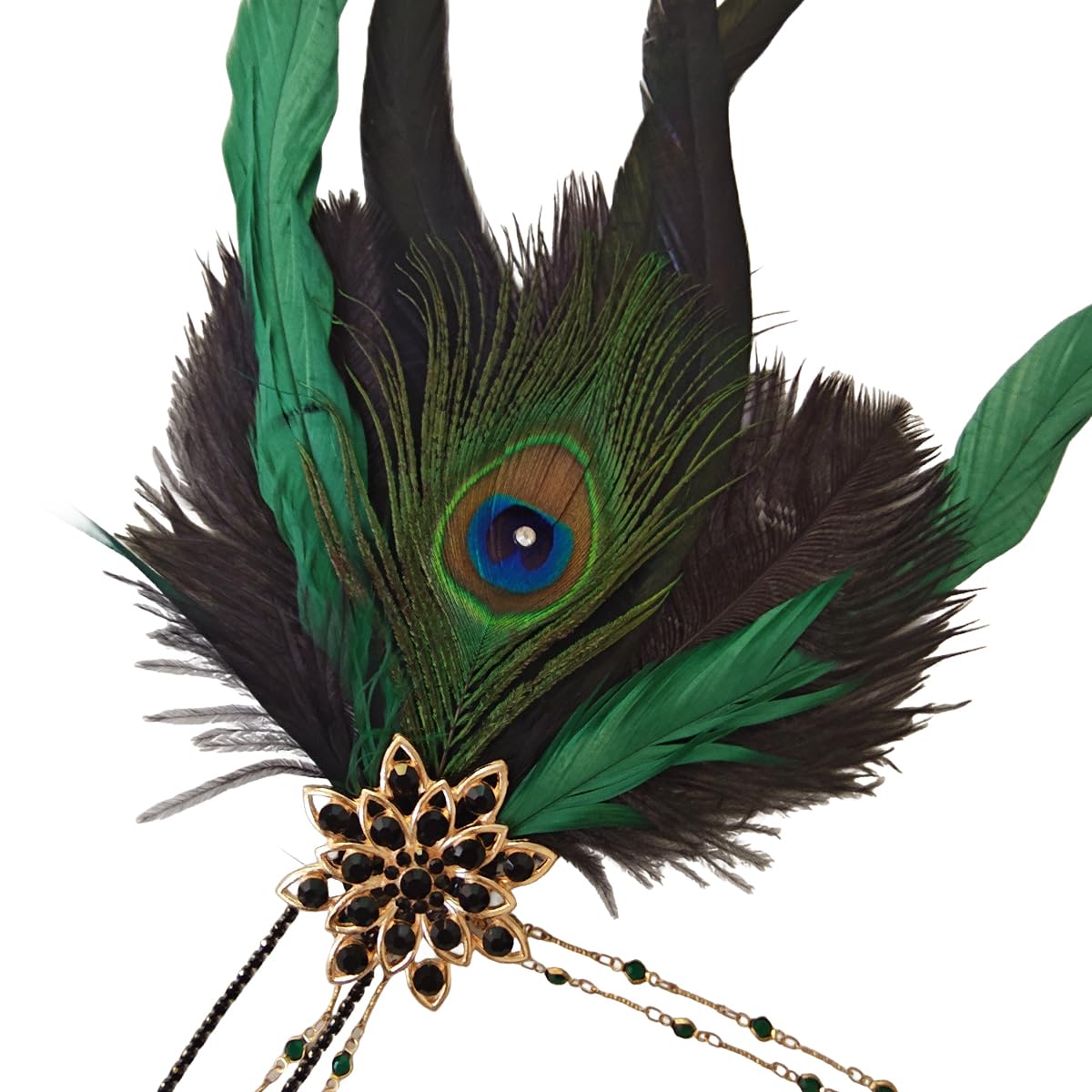 howkuhat Fascinators for Women 1920s Headband Great Gatsby Accessories Women Fascinator Flapper Headband Rhinestones Headpiece Vintage arty Gatsby Headpiece (Green+Black Feather - Image 4