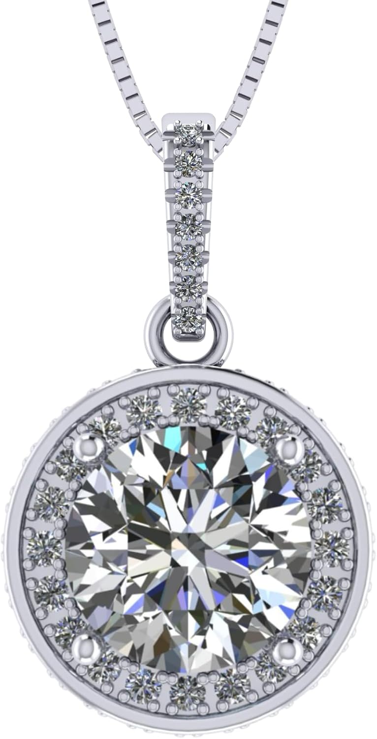 Round Simulated Diamond Solitaire Necklace/Pendant- Double Halo from 1 to 3 carat center- Sterling Silver
