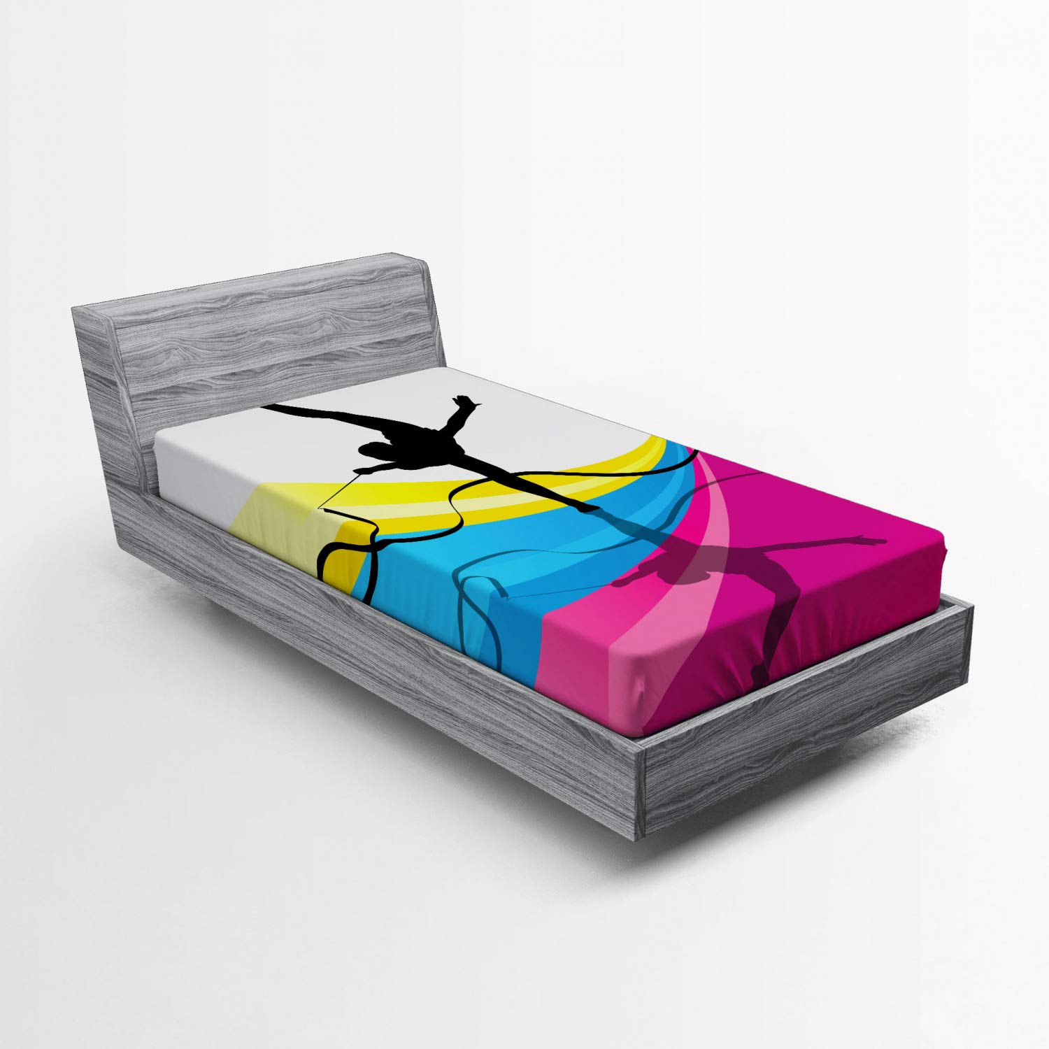 Ambesonne Gymnastics Fitted Sheet, Teenager Silhouette Ribbon Dancing on an Abstract Stripes Background, Bed Cover with All-Round Elastic Deep Pocket for Comfort, Twin XL Size, Pink Blue