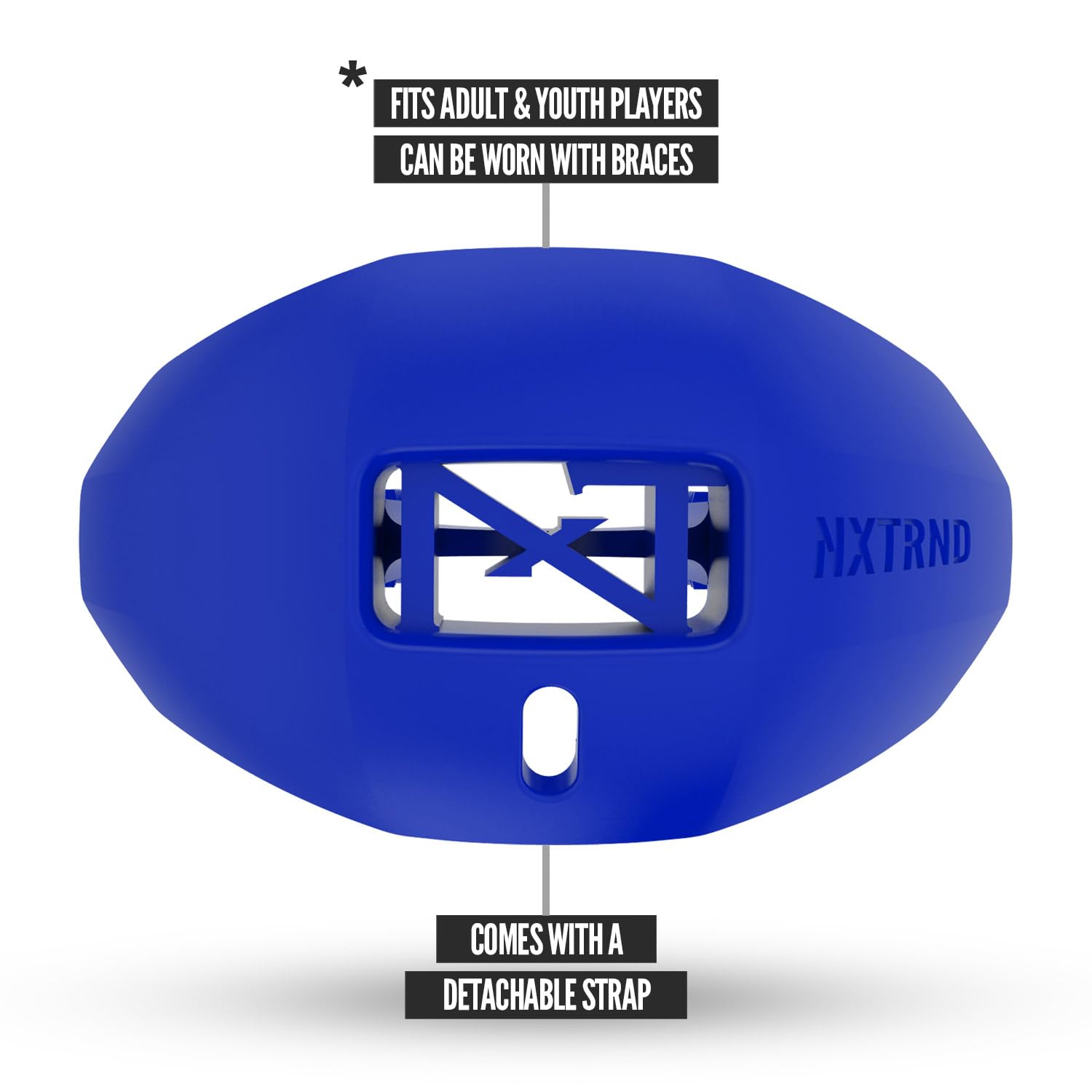 Nxtrnd One - Protector bucal de fútbol, correa incluida, se adapta a adultos y jóvenes (azul real)