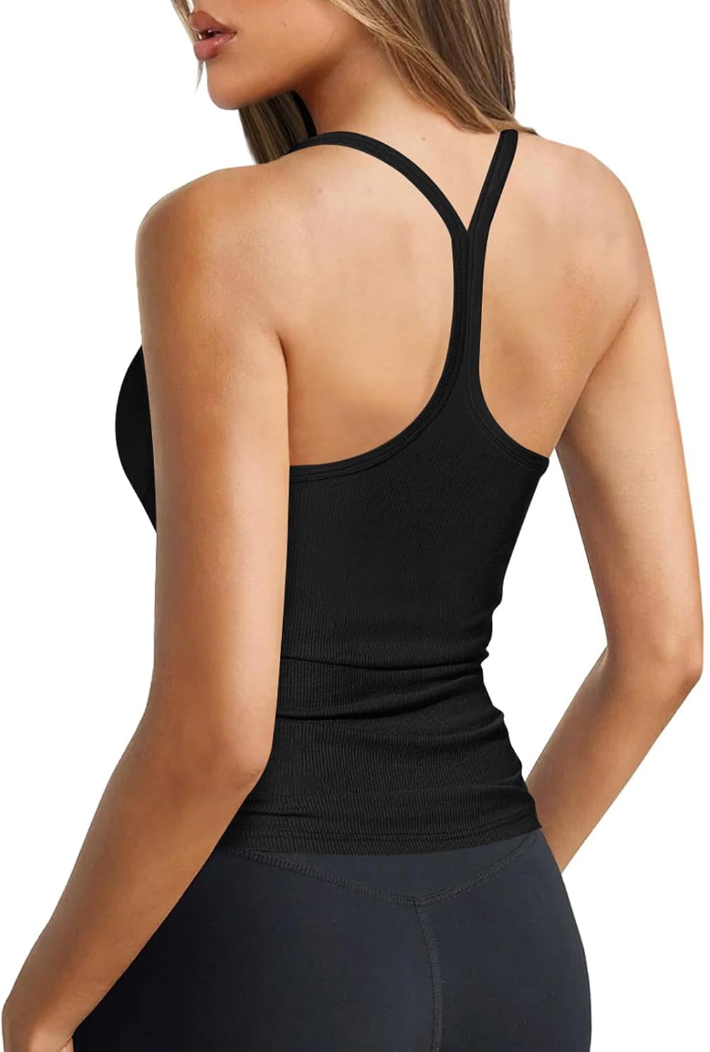 Hragc Womens Halter Tops Scoop Neck Spaghetti Strap Racerback Tank for Women Sexy Low Cut Ribbed Fitted Workout Camisole Top