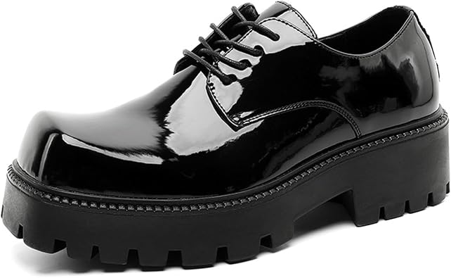 Mens Gloss Patent Leather Big Toe Chunky Heel Platform Dress Oxfords Classic Lightweight Square Toe Lug Sole Anti-Slip Block Heel Lace Up Derby Shoes Wedding Business Formal Shoes