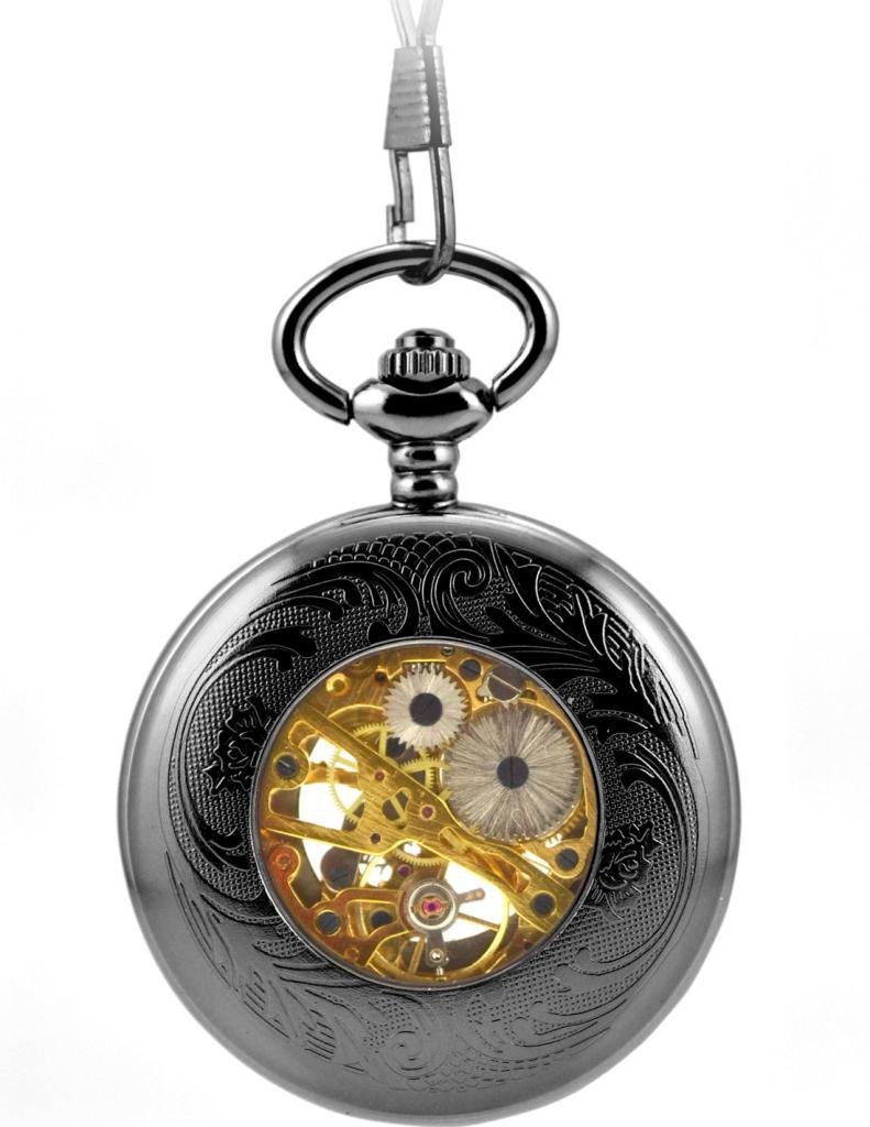 Orologio da tasca antico nero con numeri romani, carica manuale, orologio tasca meccanico, catenina con ciondolo, lupa nera da cavaliere, alta qualità